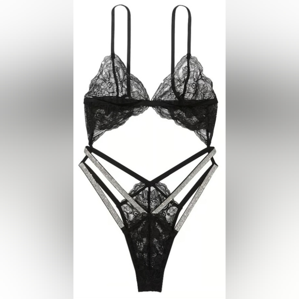 XXL Victoria's Secret Double Shine Strap Lace Teddy Black